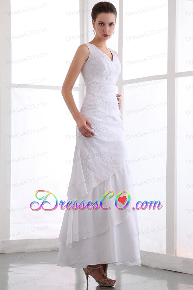 White Column V-neck Appliques Wedding Dress Ankle-length Taffeta