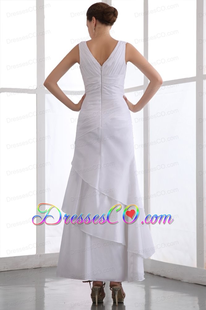 White Column V-neck Appliques Wedding Dress Ankle-length Taffeta