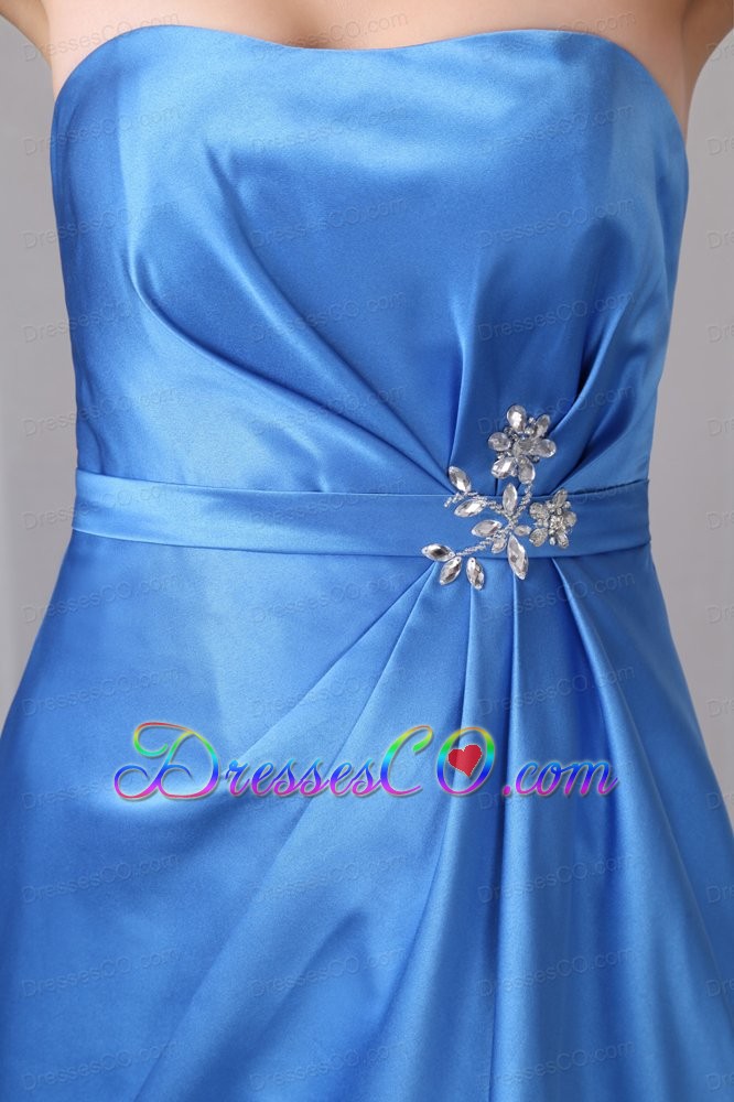 Blue Column Strapless Beading Prom Dress Ankle-length Satin