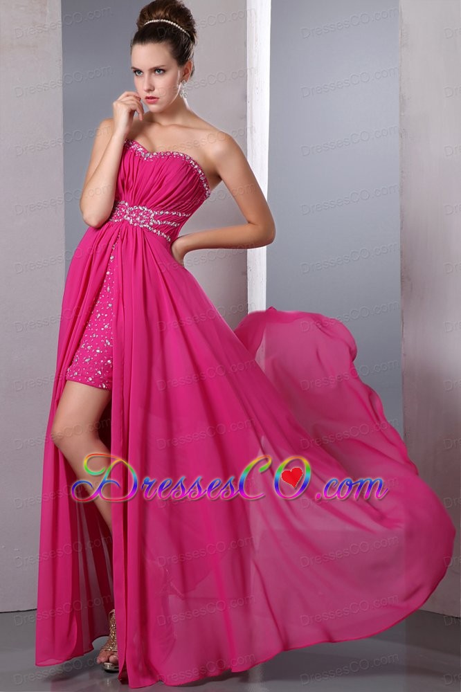 Hot Pink Column Long Chiffon Beading Prom Dress