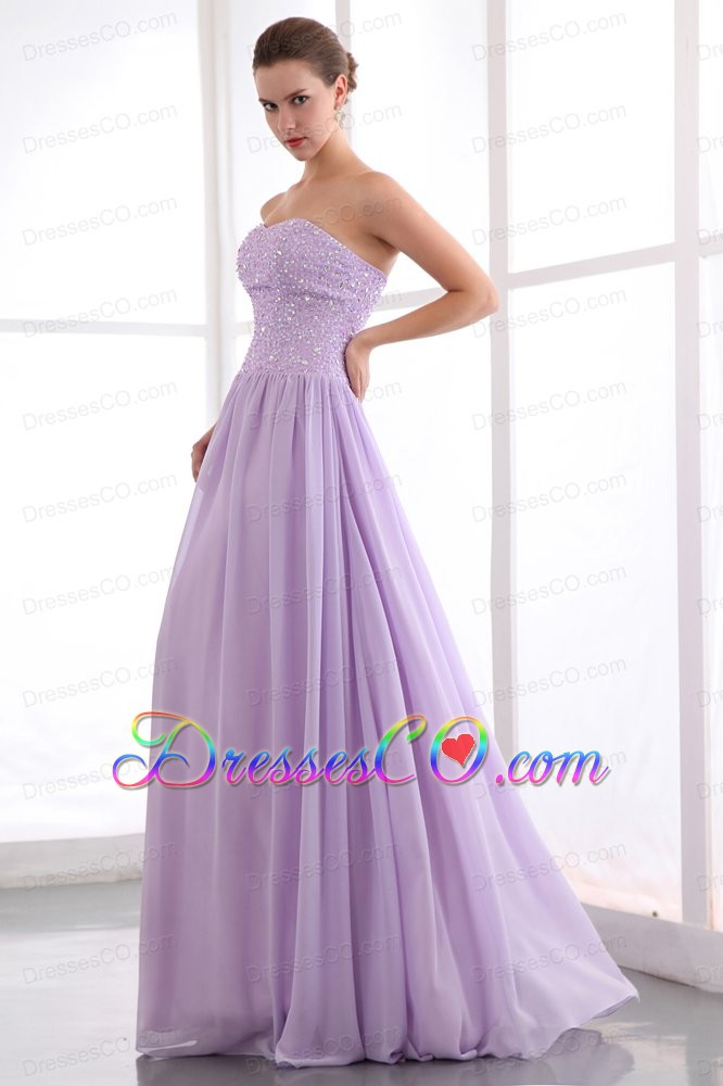 Lavender Empire Strapless Long Chiffon Beading Prom Dress