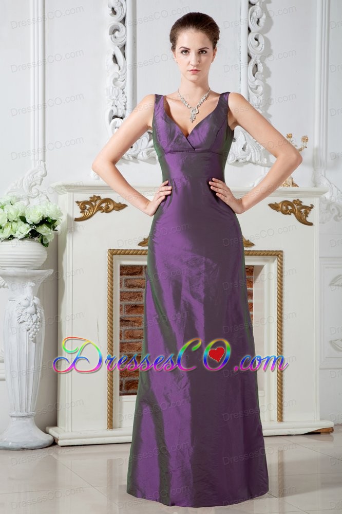 Purple Column V-neck Ruche Prom Dress Long Taffeta
