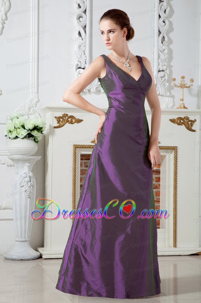 Purple Column V-neck Ruche Prom Dress Long Taffeta