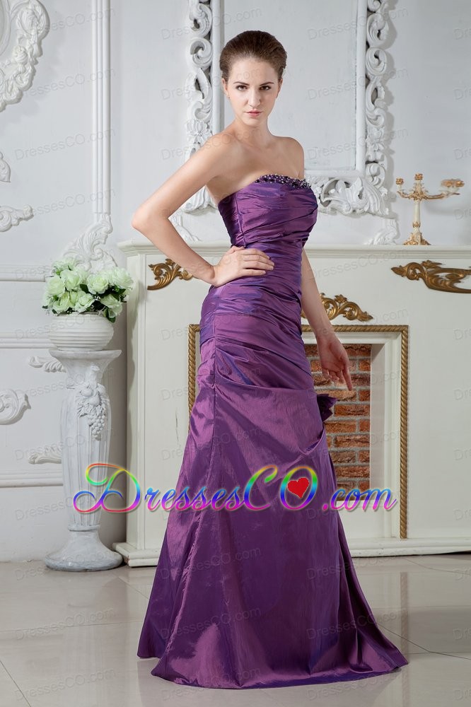 Eggplant Purple Column Strapless Ruche And Beading Mother Of The Bride Dress Long Chiffon