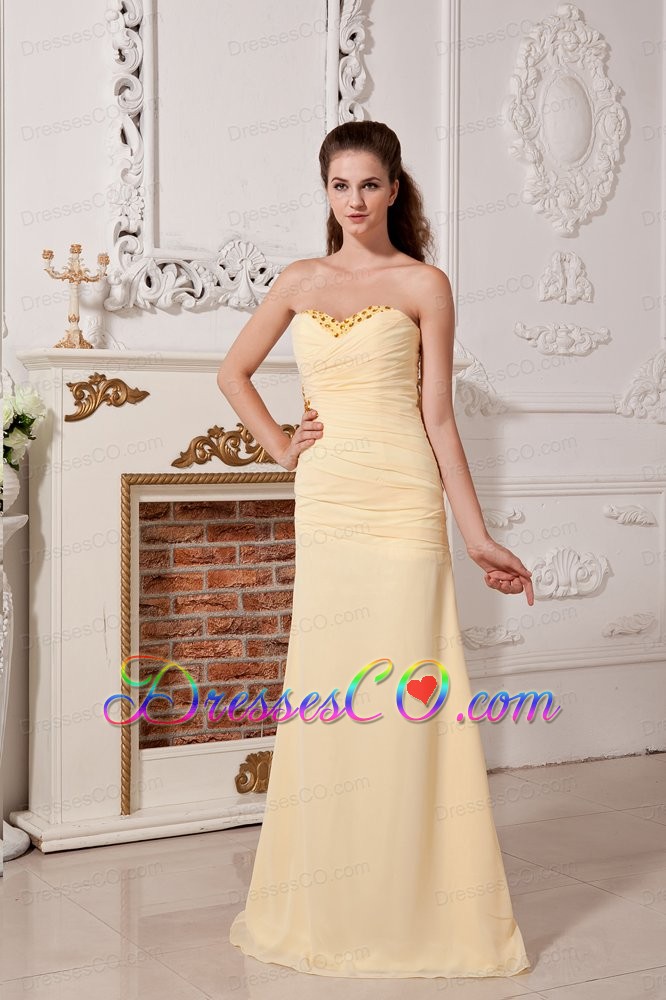 Light Yellow Column / Sheath Ruche And Beading Prom Dress Long Chiffon