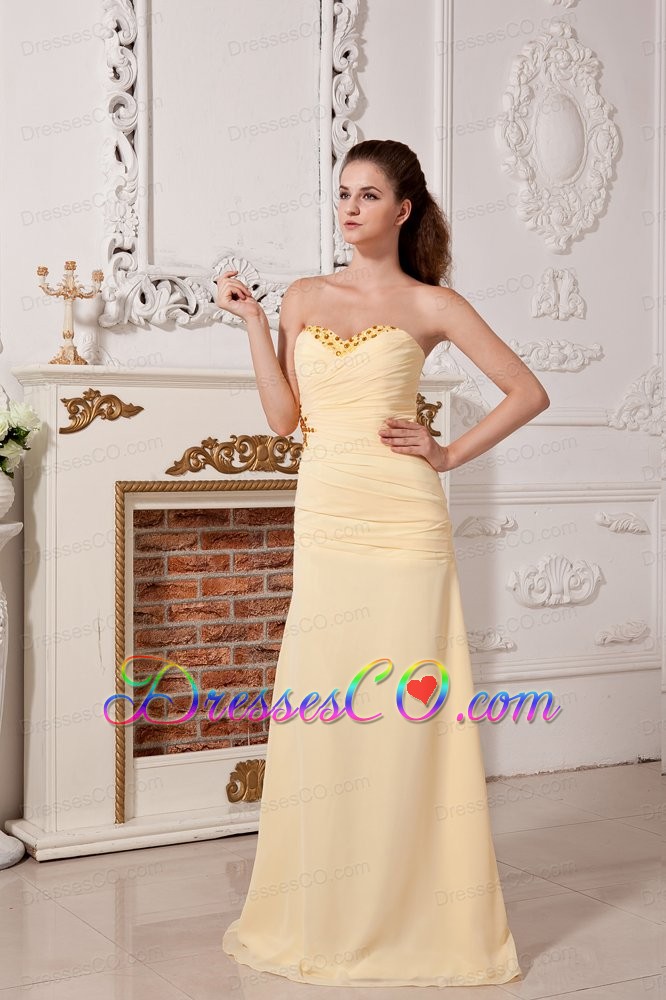 Light Yellow Column / Sheath Ruche And Beading Prom Dress Long Chiffon