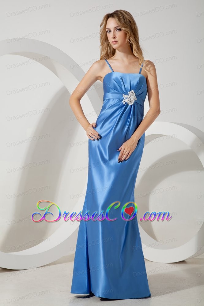 Blue Column Straps Appliques Prom / Evening Dress Long Taffeta