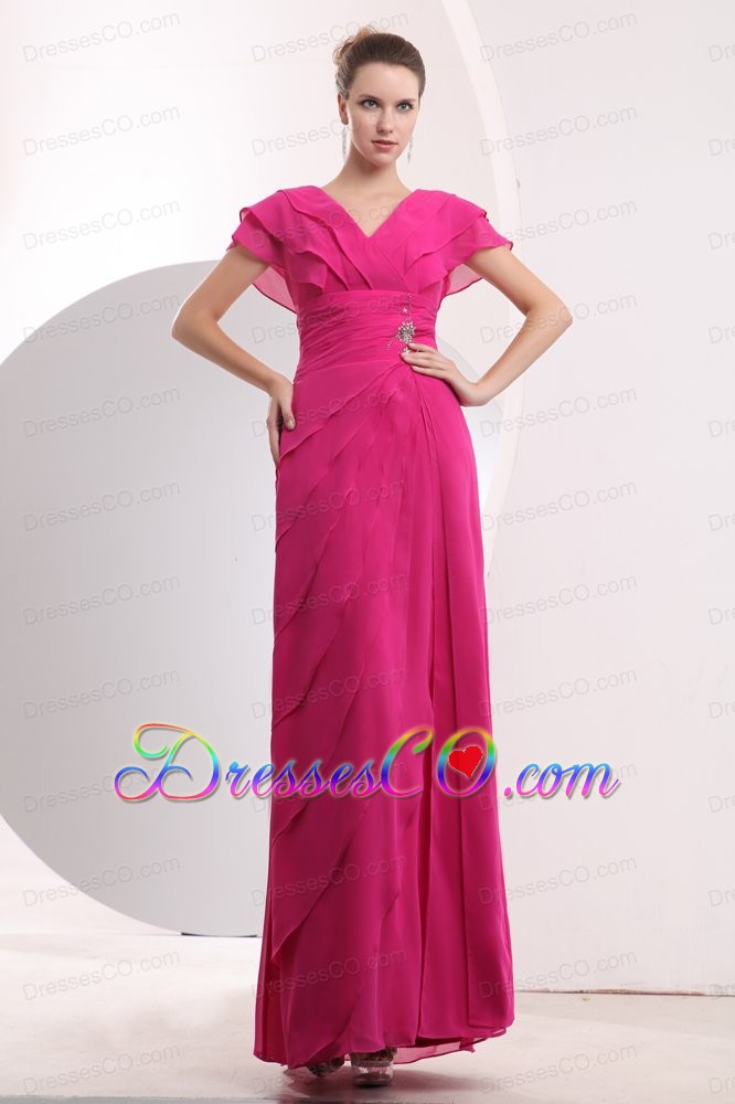 Modest Hot Pink Empire V-neck Prom Dress Chiffon Beading Long