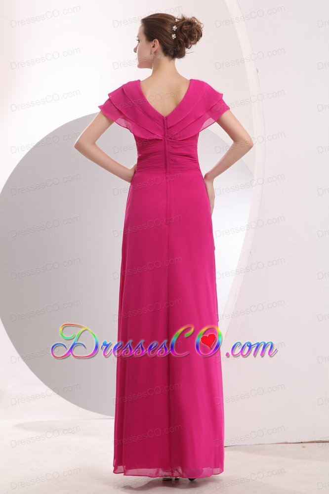 Modest Hot Pink Empire V-neck Prom Dress Chiffon Beading Long