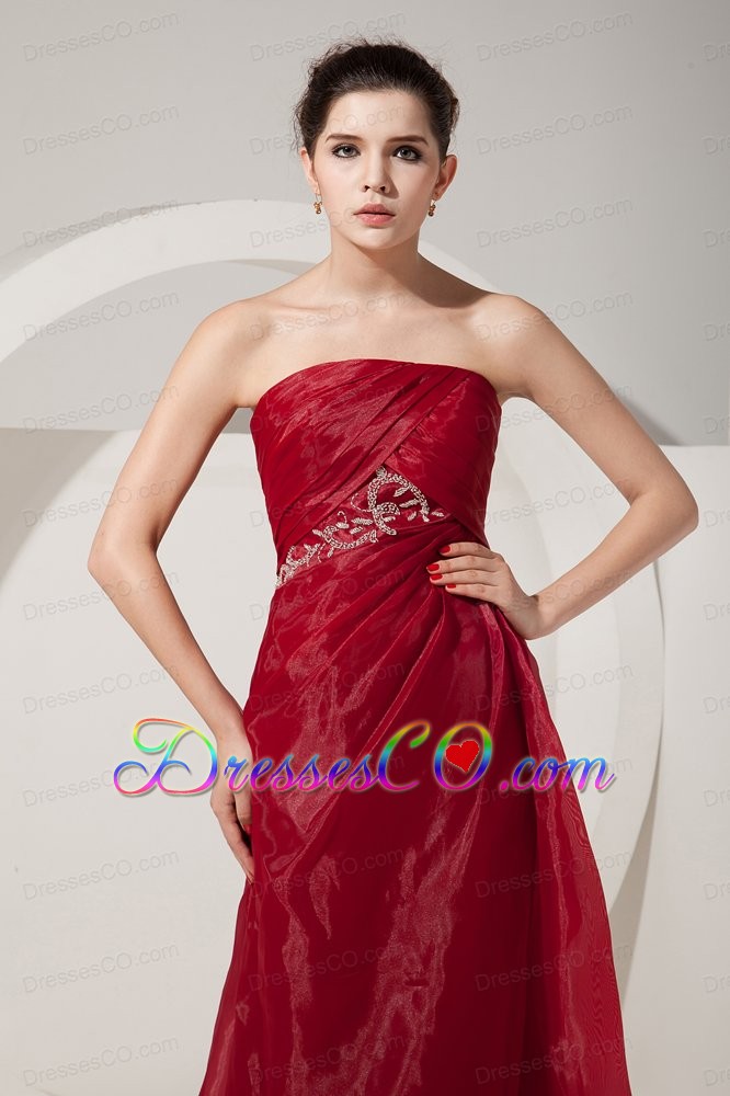 Cheap Wine Red Prom Dress Empire Strapless Beading Long Organza