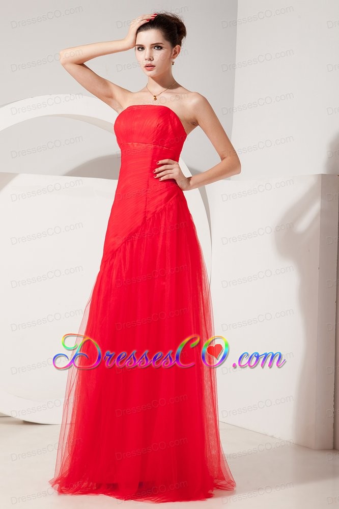 Modest Red Column Strapless Prom Dress Tulle Rush Long