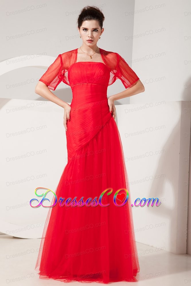 Modest Red Column Strapless Prom Dress Tulle Rush Long