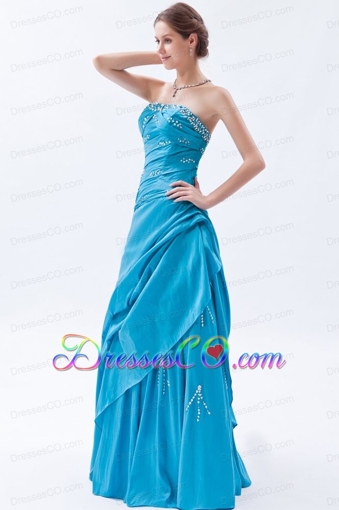 Teal A-line / Princess Strapless Prom Dress Taffeta Beading Long