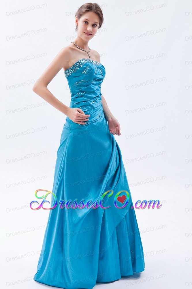 Teal A-line / Princess Strapless Prom Dress Taffeta Beading Long