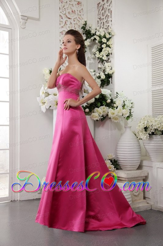 Hot Pink A-Line / Princess Strapless Brush Train Satin Beading Hot Pink Prom / Evening Dress