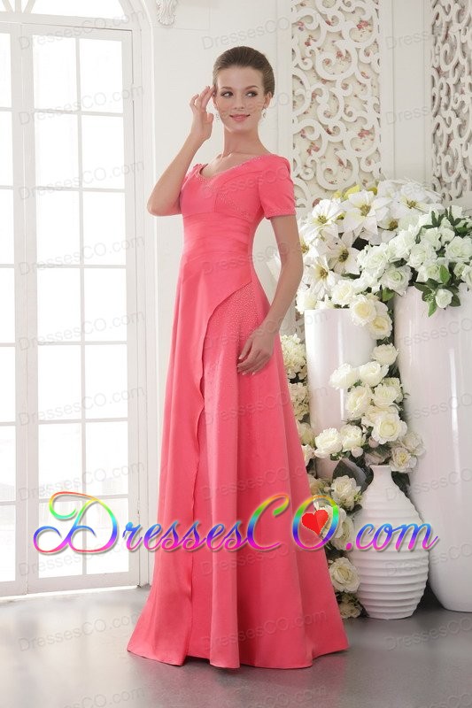Coral Red Column / Sheath Scoop Long Satin Beading Prom Dress
