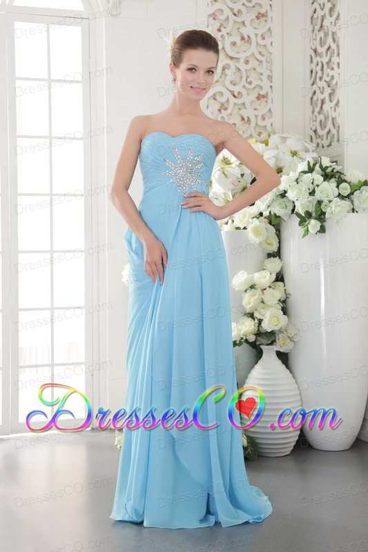 Aqua Blue Empire Brush Train Chiffon Beading and Ruched Prom / Graduation Dress