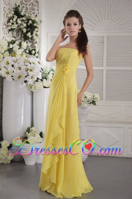 Yellow Empire Strapless Long Chiffon Hand Flowers Prom / Graduation Dress
