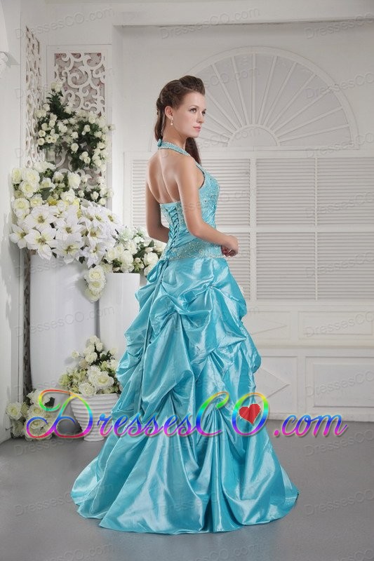 Aqua Blue Princess Halter Long Taffeta Appliques Prom / Graduation Dress