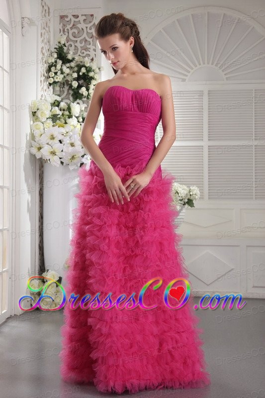 Fuchsia Column Long Tulle Ruched Prom / Evening Dress