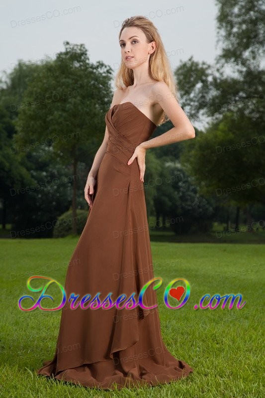Brown Column Strapless Brush Train Ruched Chiffon Prom Dress