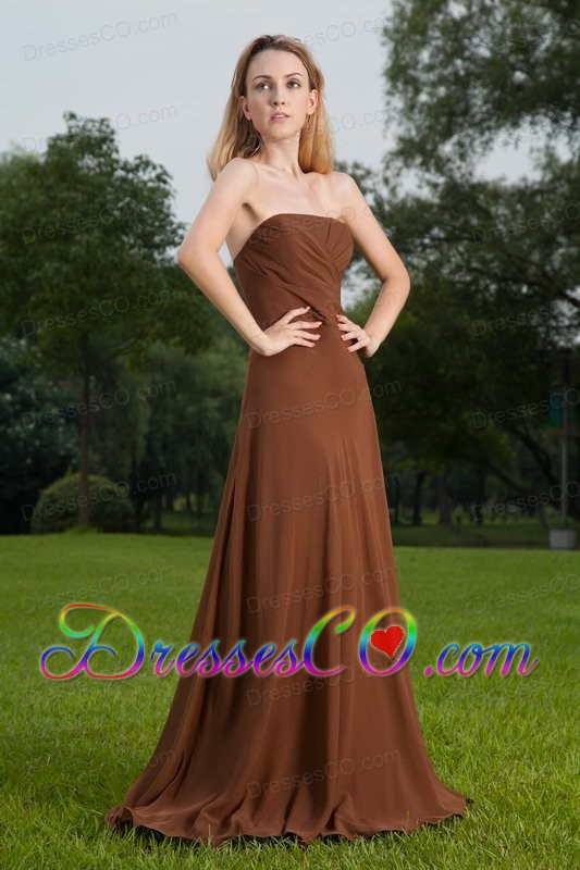 Brown Column Strapless Brush Train Ruched Chiffon Prom Dress