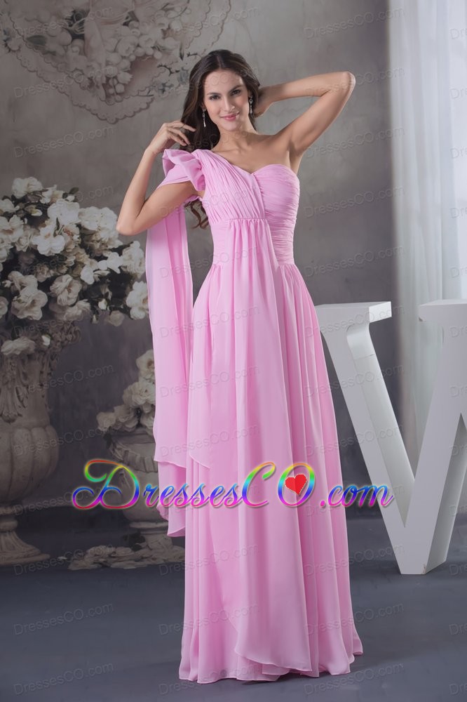 Column Ruching One Shoulder Watteau Train long Pink Prom Dress