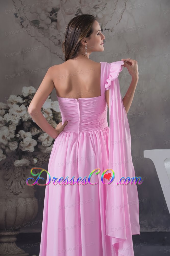 Column Ruching One Shoulder Watteau Train long Pink Prom Dress