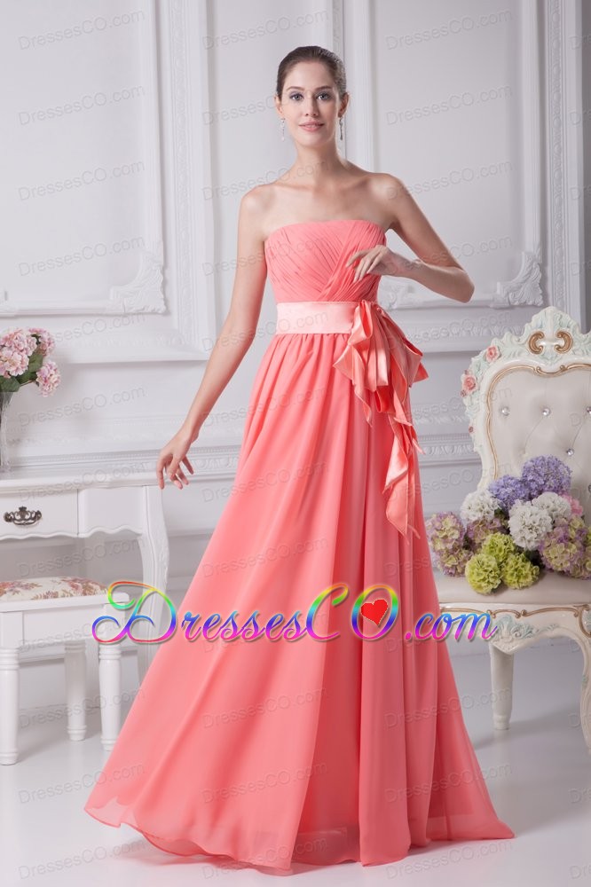 Watermelon Sash Strapless Empire Long Prom Dress