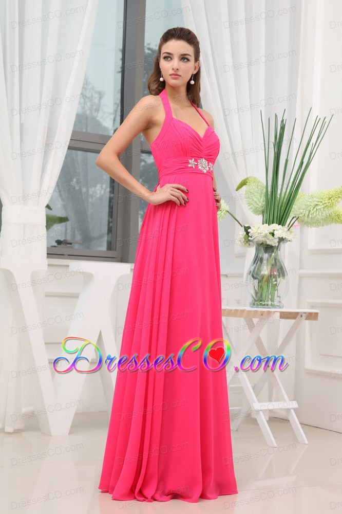 Beading Ruching Hot Pink Halter Long Prom Dress