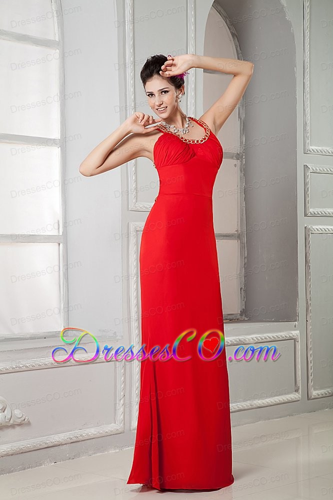 Custom Made Red Prom Dress Column Scoop Long Chiffon Beading