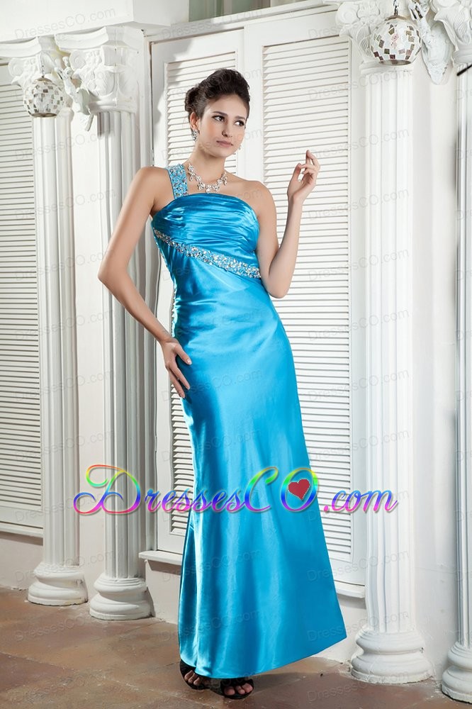 Affordable Teal Column Prom Dress One Shoulder Beading And Ruching Ankle-length Satin