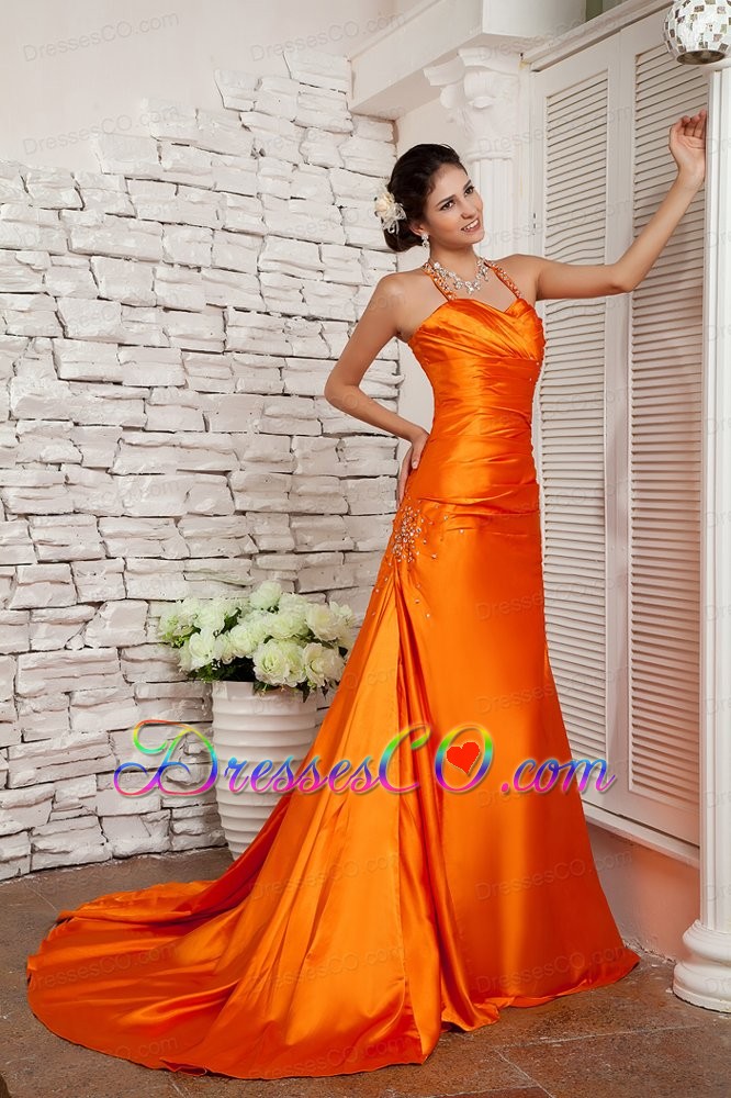 Customize Orange Red A-line Straps Prom / Evening Dress Elastic Woven Satin Beading Brush Train