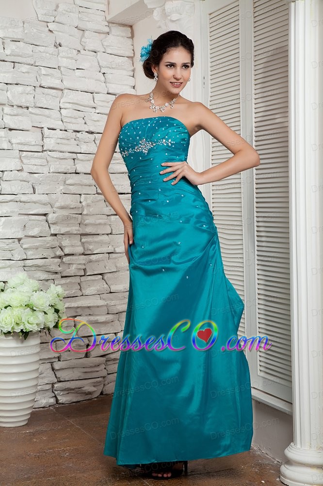 Custom Made Turquoise Column Strapless Prom / Evening Dress Taffeta Beading Ankle-length