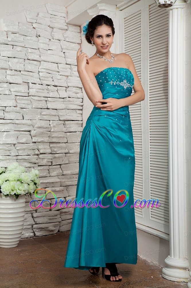Custom Made Turquoise Column Strapless Prom / Evening Dress Taffeta Beading Ankle-length