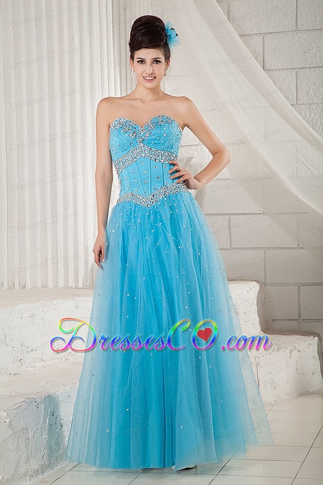Popular Aqua Blue Prom Dress A-line Tulle Beading Long