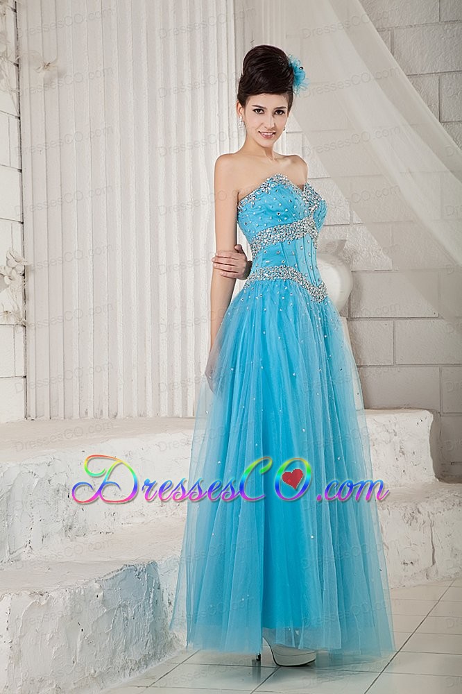 Popular Aqua Blue Prom Dress A-line Tulle Beading Long