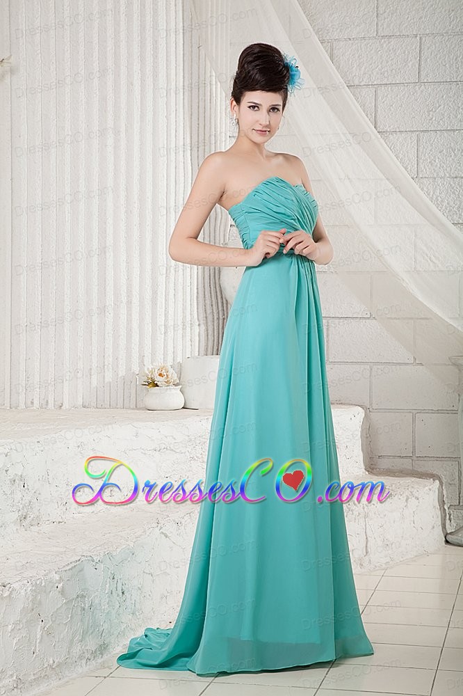 Pretty Turquoise Prom Dress Empire Chiffon Ruched Brush Train