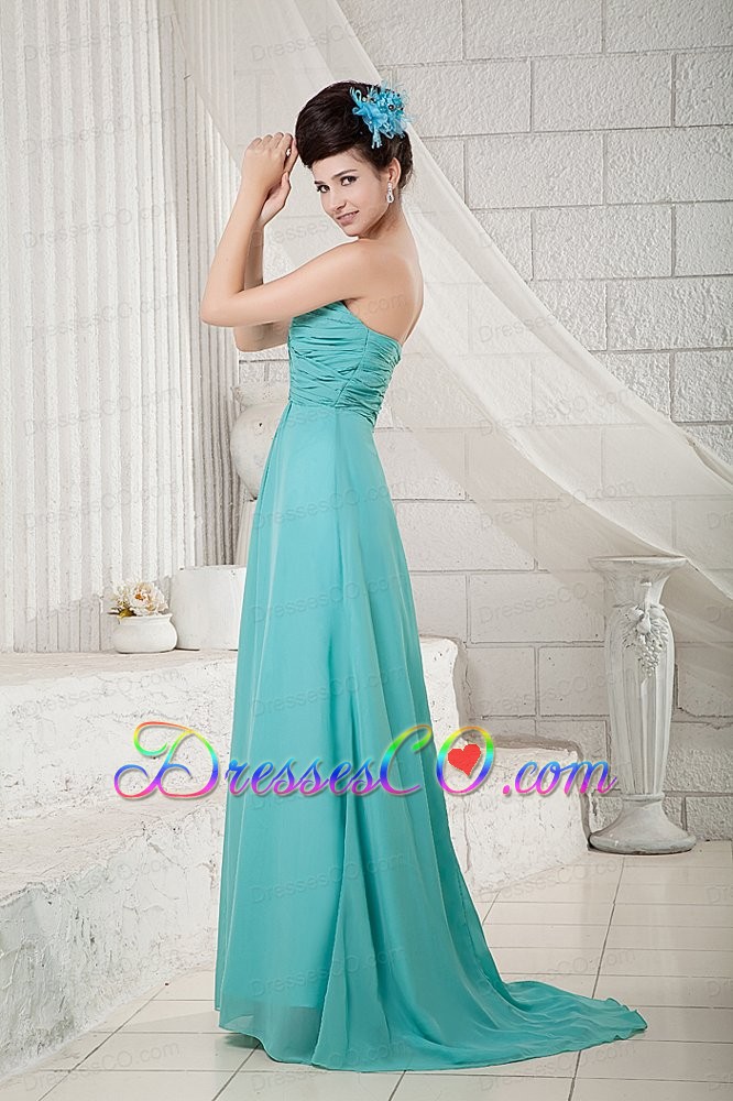 Pretty Turquoise Prom Dress Empire Chiffon Ruched Brush Train