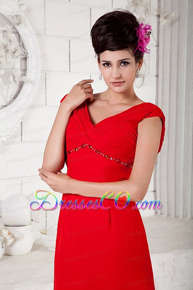 Custom Made Red Column Prom / Homecoming Dress V-neck Ankle-length Chiffon Beading