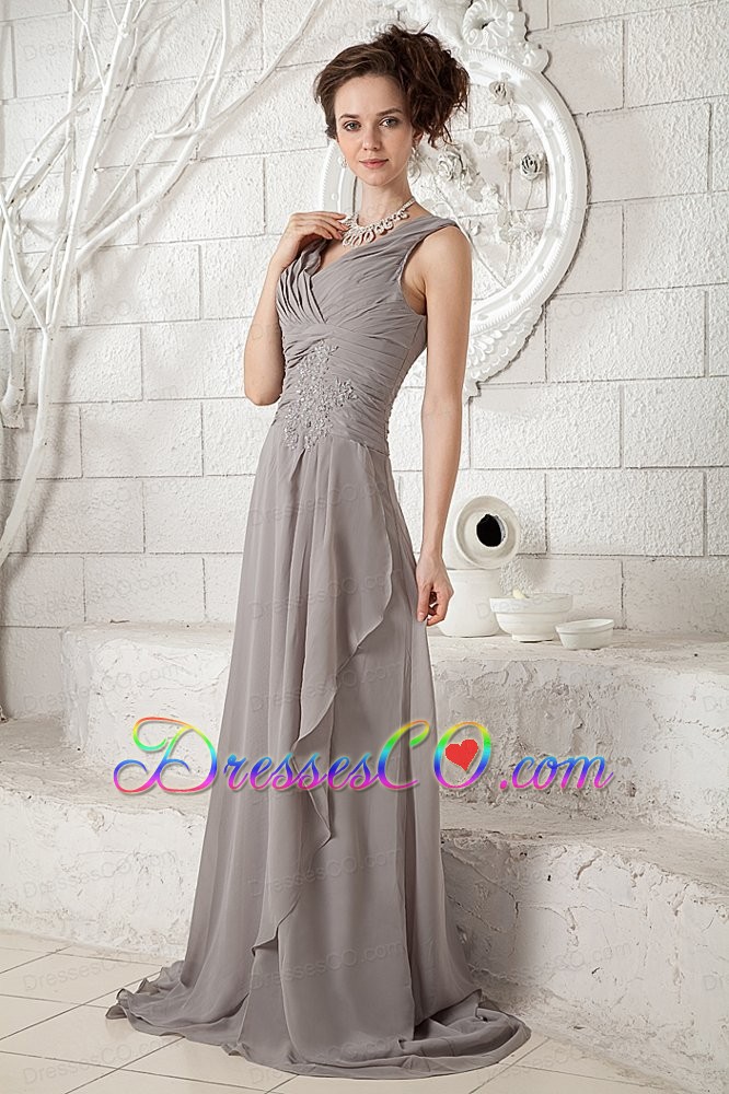 Customize Gray Empire V-neck Prom Dress Chiffon Ruched Brush Train