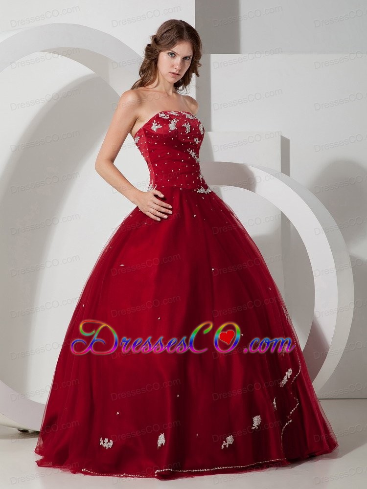 Wine Red Ball Gown Strapless Long Satin And Tulle Appliques And Beading Quinceanera Dress