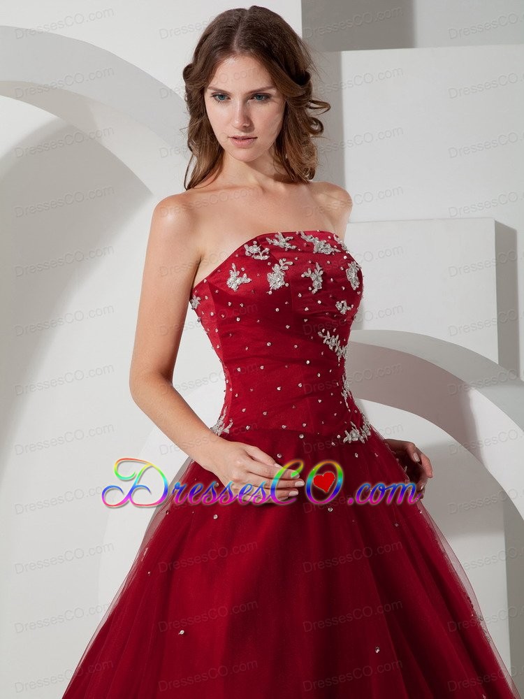 Wine Red Ball Gown Strapless Long Satin And Tulle Appliques And Beading Quinceanera Dress