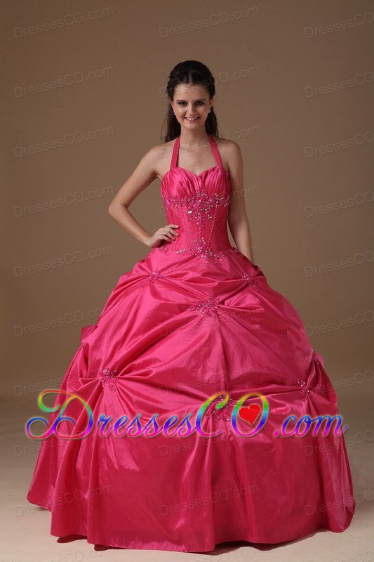 Coral Red Ball Gown Halter Long Taffeta Beading Quinceanera Dress