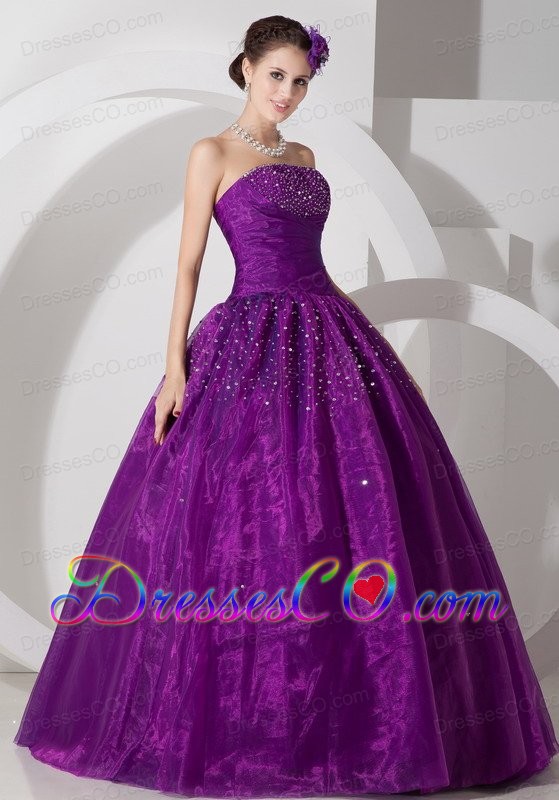 Purple A-line Long Tulle Ruching And Beading Quinceanera Dresses