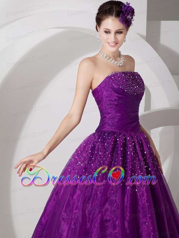 Purple A-line Long Tulle Ruching And Beading Quinceanera Dresses