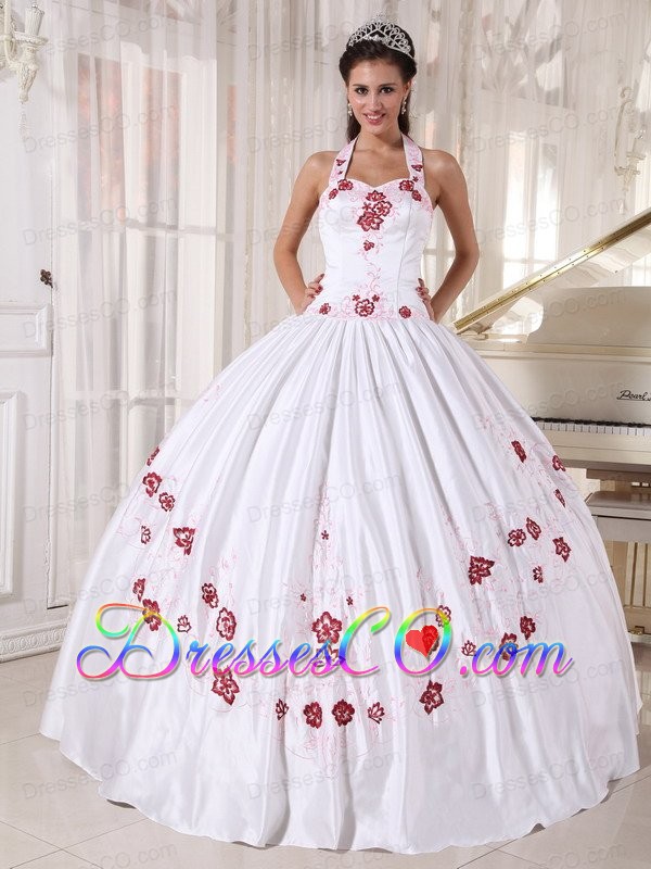 White Ball Gown Halter Long Taffeta Embroidery Quinceanera Dress