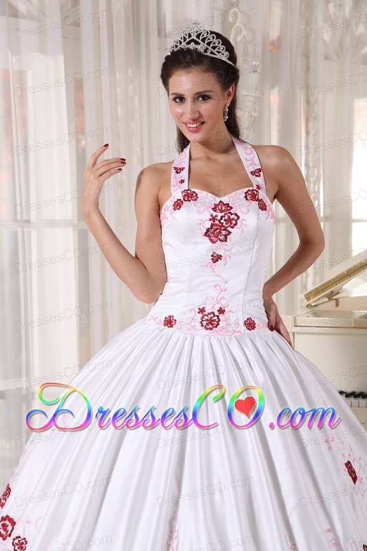White Ball Gown Halter Long Taffeta Embroidery Quinceanera Dress
