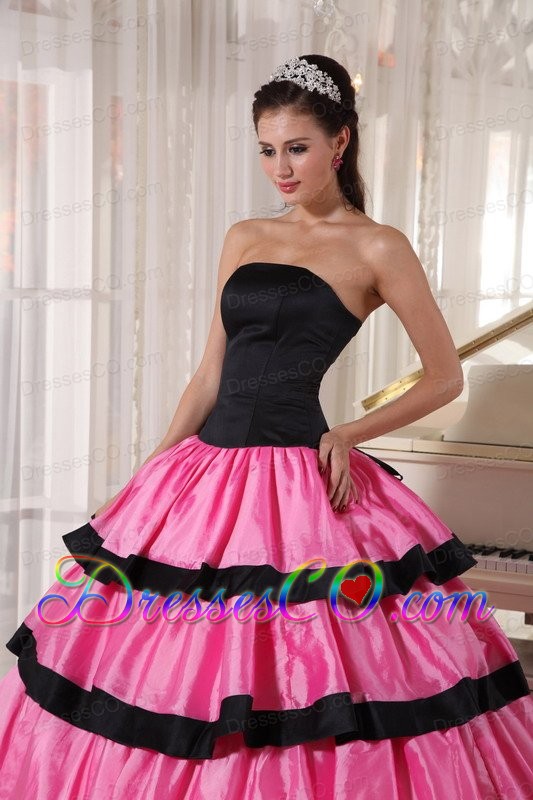 Rose Pink And Black Ball Gown Strapless Long Taffeta Quinceanera Dress