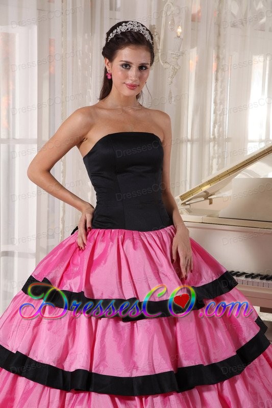 Rose Pink And Black Ball Gown Strapless Long Taffeta Quinceanera Dress